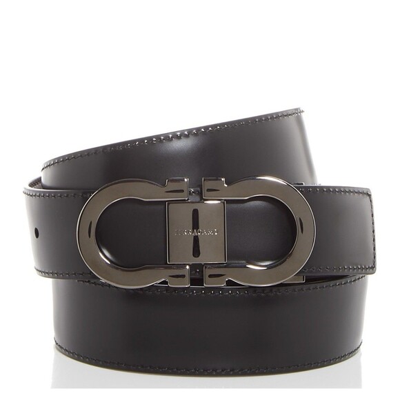FERRAGAMO Men's Double Gancini Reversible Leather Belt, Black/Hickory - Picture 1 of 15